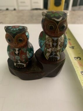 vintage pair of Chinese cloisonné enamel owl figurines perched on a Wooden Base